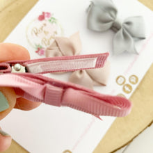 Load image into Gallery viewer, Neutral Small Hair Bow Clip Set - Fringe Clips - Pink, Grey &amp; Beige
