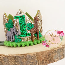 Load image into Gallery viewer, Safari birthday crown - jungle glitter party hat - cake smash prop - birthday accessory
