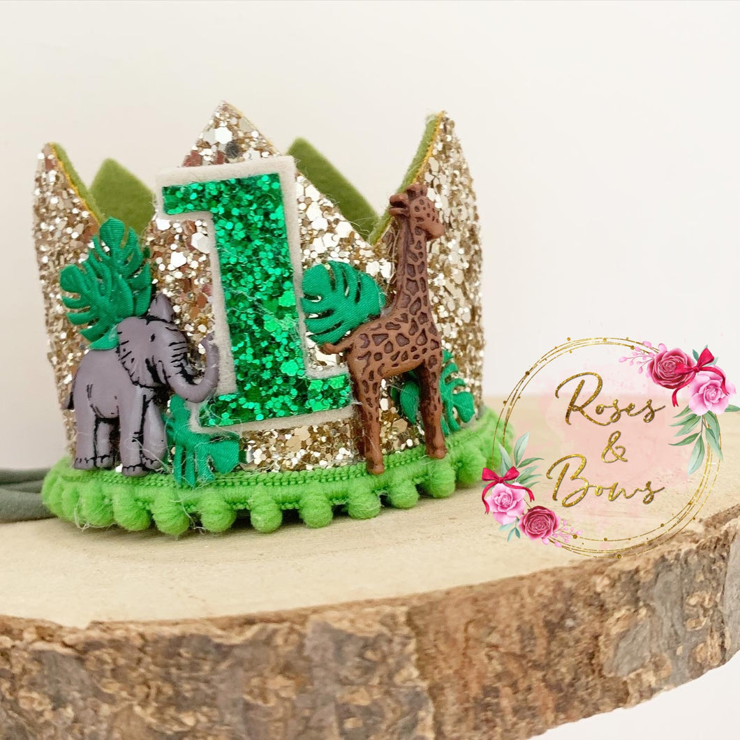 Safari birthday crown - jungle glitter party hat - cake smash prop - birthday accessory