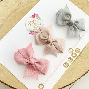 Neutral Small Hair Bow Clip Set - Fringe Clips - Pink, Grey & Beige