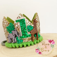 Load image into Gallery viewer, Safari birthday crown - jungle glitter party hat - cake smash prop - birthday accessory
