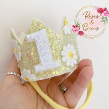 Load image into Gallery viewer, Daisy crown - glitter party hat - cake smash prop - birthday accessory
