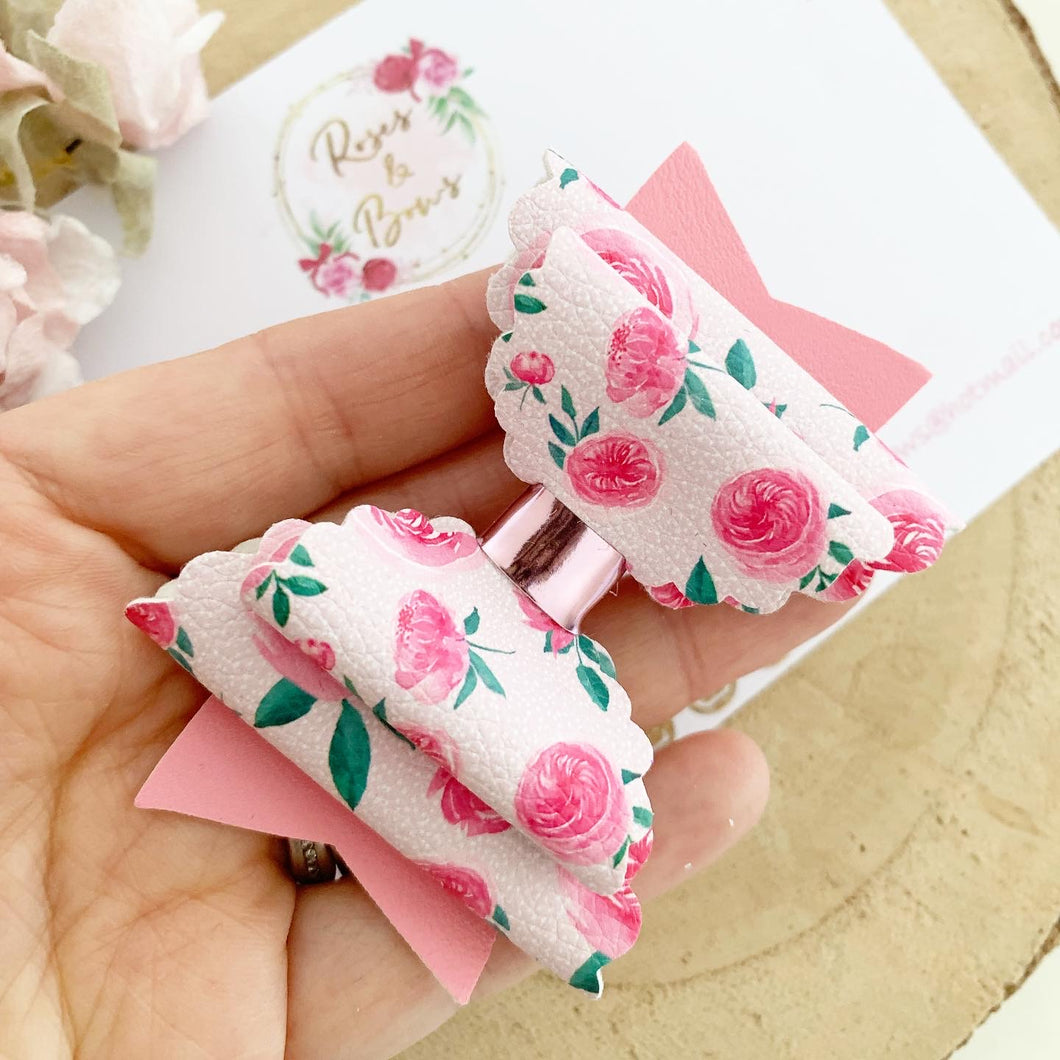Floral Rose Pink Hair Bow Headband or Clip