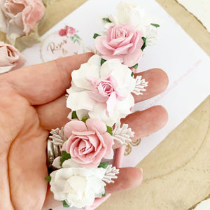 Pink and white rose flower headband