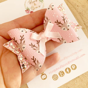 Pink reindeer Hair Bow Headband or Clip