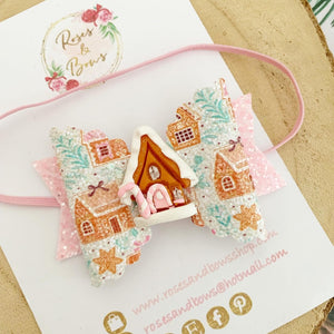 Pink Gingerbread House Hair Bow Clip or Headband