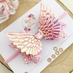 Angel Wings Pink Glitter Hair Bow Headband or Clip