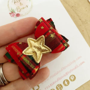 Christmas red tartan and gold star  Hair Bow Headband or Clip