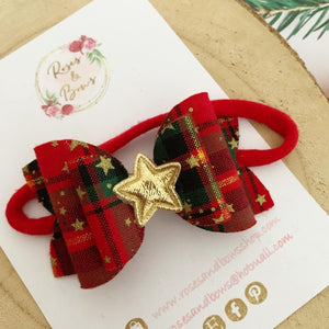 Christmas red tartan and gold star  Hair Bow Headband or Clip