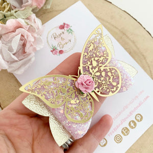 Pink and Gold Butterfly Glitter Bow Headband or Clip