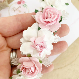 Pink and white rose flower headband