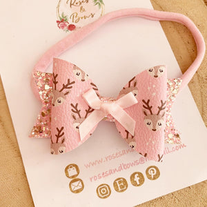 Pink reindeer Hair Bow Headband or Clip