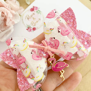 Flamingo and unicorn Transparent Hair Bow Headband or Clip