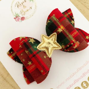 Christmas red tartan and gold star  Hair Bow Headband or Clip