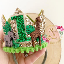 Load image into Gallery viewer, Safari birthday crown - jungle glitter party hat - cake smash prop - birthday accessory
