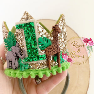 Safari birthday crown - jungle glitter party hat - cake smash prop - birthday accessory