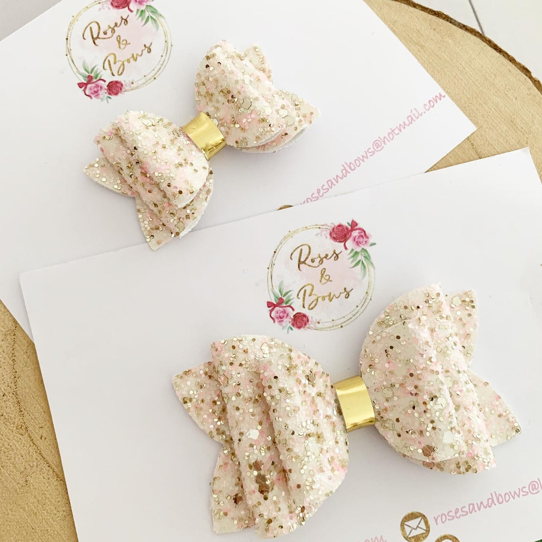 Ivory, pink and gold Glitter Hair Bow Headband or clip