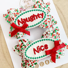 Load image into Gallery viewer, Naughty or Nice hair bows- clip set - Christmas glitter bows
