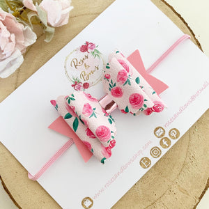 Floral Rose Pink Hair Bow Headband or Clip