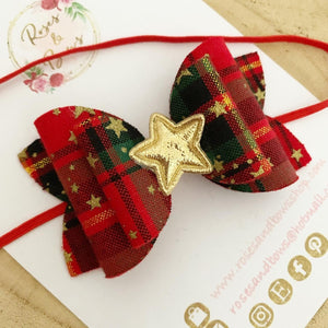 Christmas red tartan and gold star  Hair Bow Headband or Clip