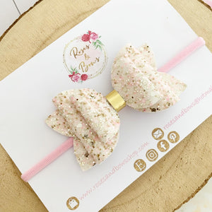 Ivory, pink and gold Glitter Hair Bow Headband or clip