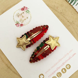 Red amd Geeen Tartan gold star scalloped snap clip set