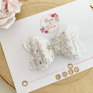 White Christening Hair Bow Headband or Clip