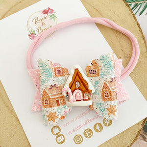 Pink Gingerbread House Hair Bow Clip or Headband