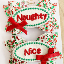 Load image into Gallery viewer, Naughty or Nice hair bows- clip set - Christmas glitter bows
