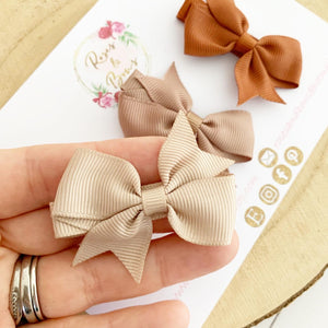 Small Hair Bow Clip Set - Fringe Clips - Beige, Brown