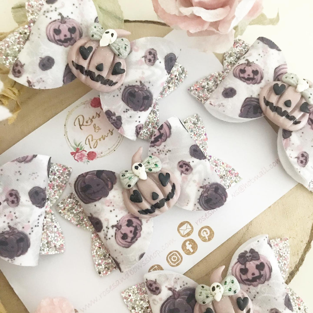 Grey Pumpkin Halloween Glitter Bow Headband or Clip