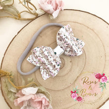 Load image into Gallery viewer, Silver &amp; Pink Glitter Hair Bow Headband or clip
