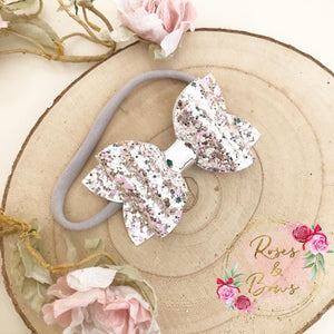 Silver & Pink Glitter Hair Bow Headband or clip