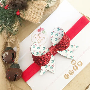 Christmas Double Sided Holly Glitter Bow Headband or Clip