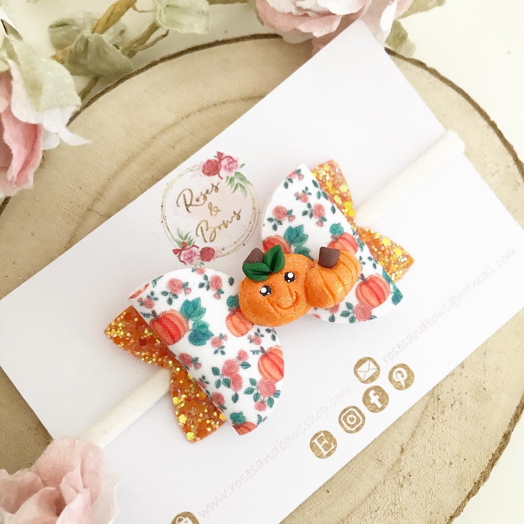 Pumpkin Patch Glitter Bow Headband or Clip