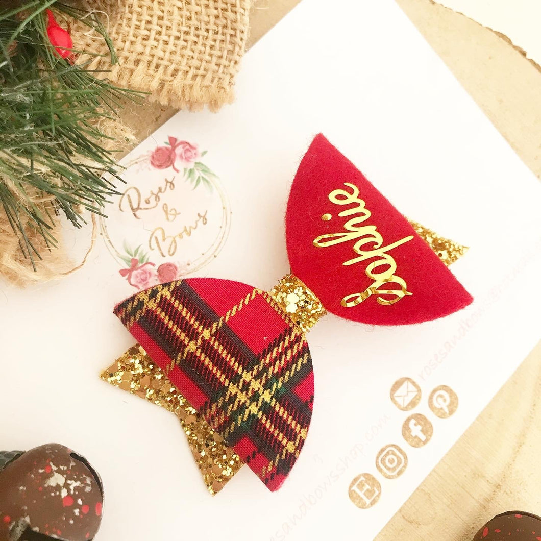 Tartan Personalised Christmas Hair Bow Headband or Clip