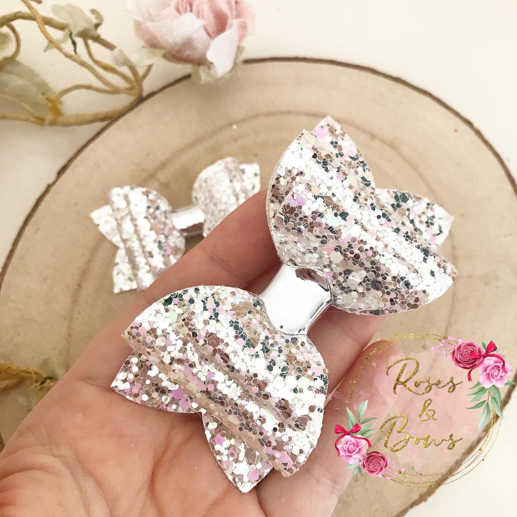 Silver & Pink Glitter Hair Bow Headband or clip