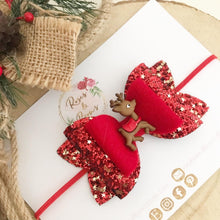 Load image into Gallery viewer, Red and Gold Star Reindeer Glitter Hair Bow Headband or Clip
