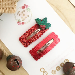 Christmas Red Glitter and Leatherette scalloped snap clip set