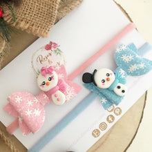 Load image into Gallery viewer, Snowmen Piggy Pigtail bows - clip set - Christmas glitter bows
