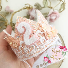 Load image into Gallery viewer, Peach and white birthday crown - glitter party hat - cake smash prop - birthday accessory
