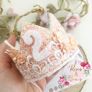 Peach and white birthday crown - glitter party hat - cake smash prop - birthday accessory