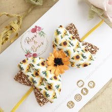 Load image into Gallery viewer, Sunflower glitter and leatherette Bow Headband or Clip
