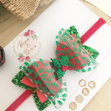 Load image into Gallery viewer, Christmas Holly Glitter and Transparent Hair Bow Headband or Clip
