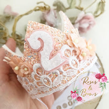 Load image into Gallery viewer, Peach and white birthday crown - glitter party hat - cake smash prop - birthday accessory
