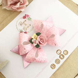 Pink Floral Hair Bow Headband or Clip