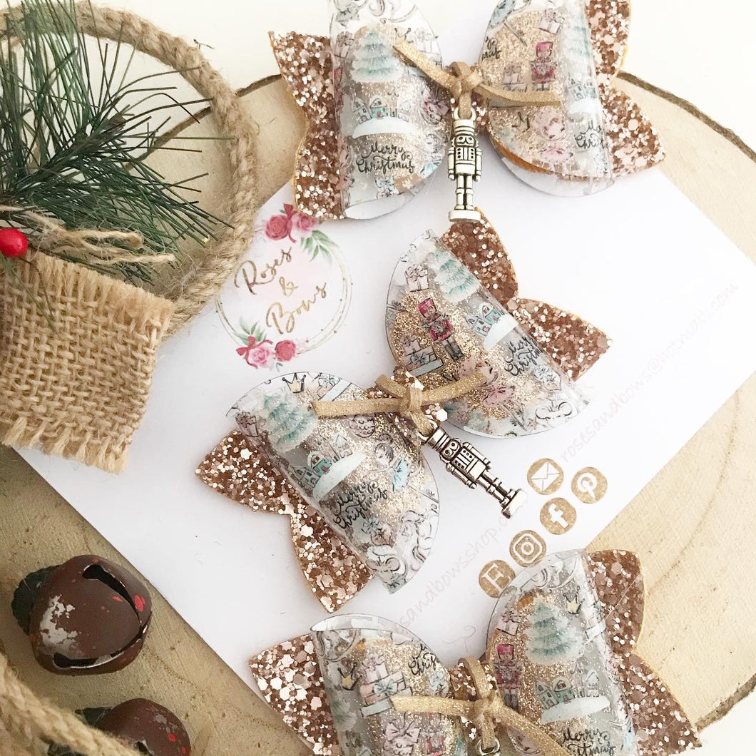 Christmas Nutcracker Transparent Glitter Hair Bow Headband or Clip