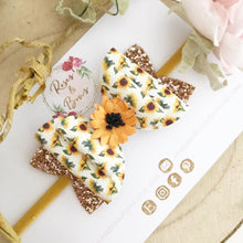 Load image into Gallery viewer, Sunflower glitter and leatherette Bow Headband or Clip
