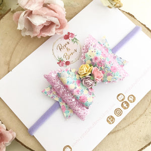 Floral Glitter Hair Bow Headband or Clip