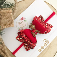 Load image into Gallery viewer, Red and Gold Star Reindeer Glitter Hair Bow Headband or Clip
